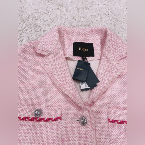 NWT Maje Virosa Cropped Fine Tweed Jacket In Pink - Picture 7 of 8